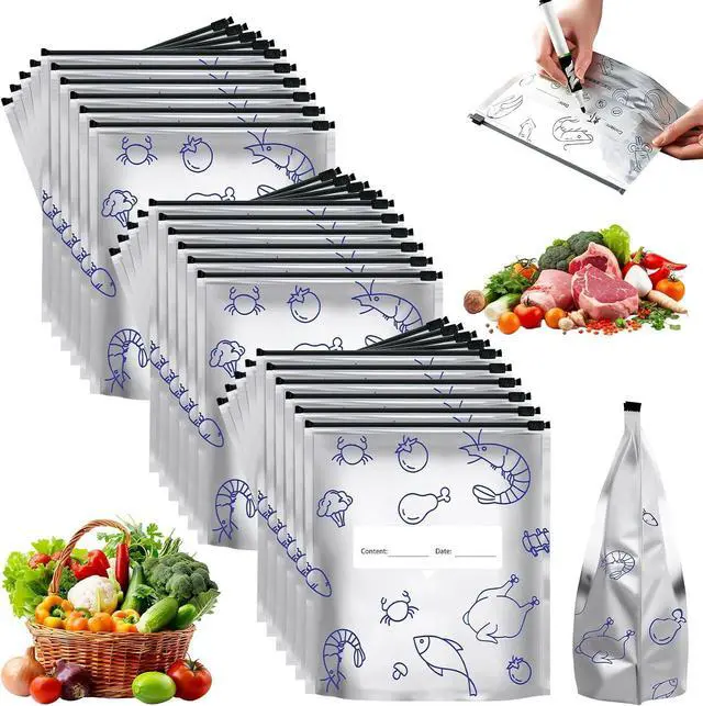Main image of Reusable Aluminum Foil Sealable Storage Bags, 2026 New Resealable Vacuum Zipper Pouches for Food, Stand Up Foil Sealable Bags with Label and Zip Lock for Fruit Vegetable (30, Large)