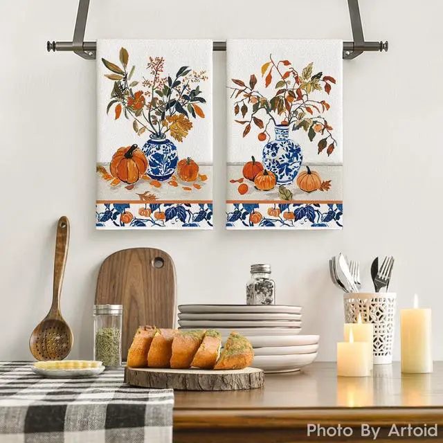 Alt view image 2 of 6 - Artoid Mode Blue Vase Pumpkin Fall Kitchen Towels Set of 2 18x26 Inch