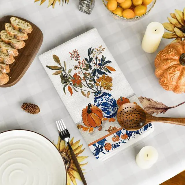 Alt view image 4 of 6 - Artoid Mode Blue Vase Pumpkin Fall Kitchen Towels Set of 2 18x26 Inch