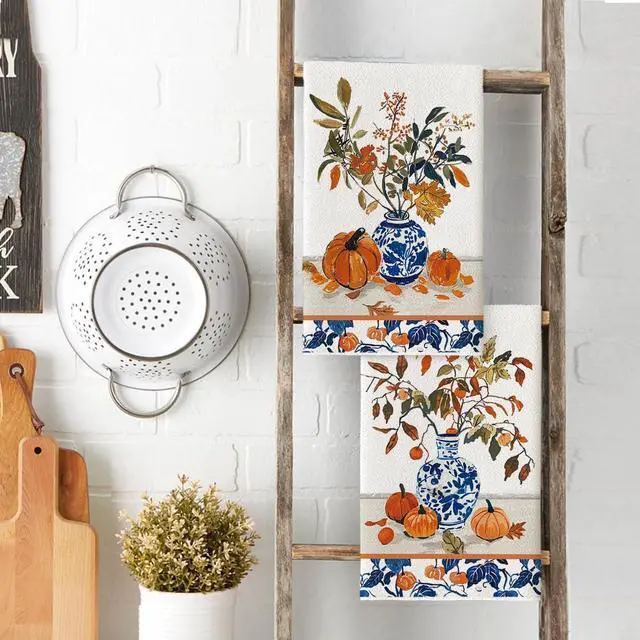 Alt view image 3 of 6 - Artoid Mode Blue Vase Pumpkin Fall Kitchen Towels Set of 2 18x26 Inch