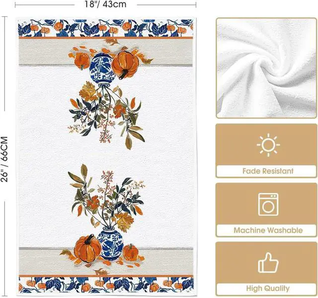 Alt view image 6 of 6 - Artoid Mode Blue Vase Pumpkin Fall Kitchen Towels Set of 2 18x26 Inch