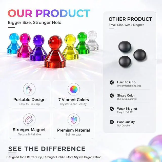 Alt view image 8 of 9 - MAX Push Pin Magnets - Tiergrade 16 Pack 7 Assorted Color Strong Magnets,Use at Kitchen Home Office and School Classroom, for Refrigerator Dry Erase Board and Whiteboard.