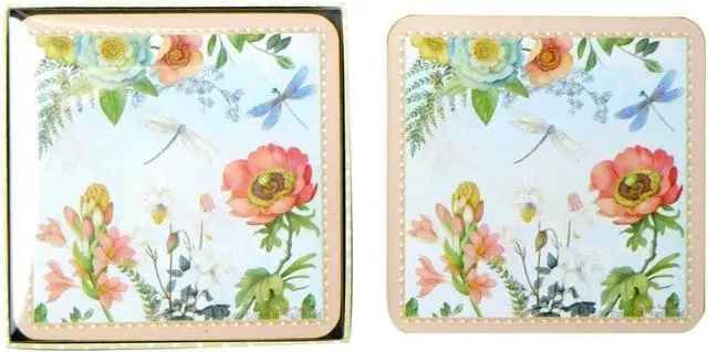 Main image of Lightahead Set of 4 MDF Wood Square Coasters for Tea Coffee Cups Mugs Drinks Glass, Floral Design in a Gift Box (Pink)
