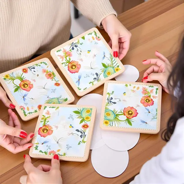 Alt view image 5 of 7 - Lightahead Set of 4 MDF Wood Square Coasters for Tea Coffee Cups Mugs Drinks Glass, Floral Design in a Gift Box (Pink)