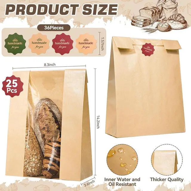 Alt view image 2 of 7 - 25 Pcs Bread Bags for Homemade Bread, Paper Sourdough Bags with window, Large Bakery Loaf Bag with Stickers for Cookies, Popcorns, Hamburgers 14.2"x8.3"x3.6"
