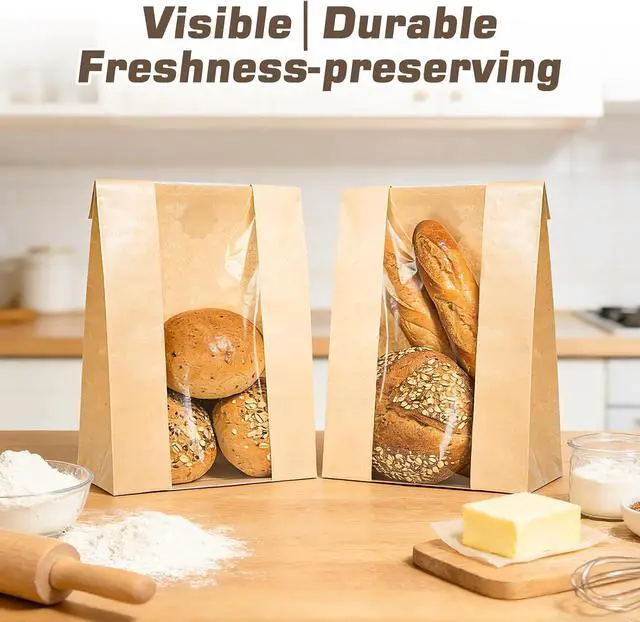 Alt view image 4 of 7 - 25 Pcs Bread Bags for Homemade Bread, Paper Sourdough Bags with window, Large Bakery Loaf Bag with Stickers for Cookies, Popcorns, Hamburgers 14.2"x8.3"x3.6"