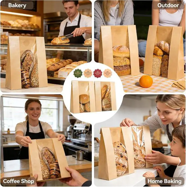 Alt view image 7 of 7 - 25 Pcs Bread Bags for Homemade Bread, Paper Sourdough Bags with window, Large Bakery Loaf Bag with Stickers for Cookies, Popcorns, Hamburgers 14.2"x8.3"x3.6"