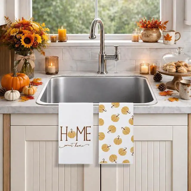 Alt view image 8 of 12 - Fall Kitchen Towels 18x26 Inch Set of 2 Autumn Thanksgiving Kitchen Decor | Watercolor Orange Pumpkin Sweet Home Vintage Farmhouse Seasonal Ultra Absorbent Hand & Dish Towels Drying Dishcloth