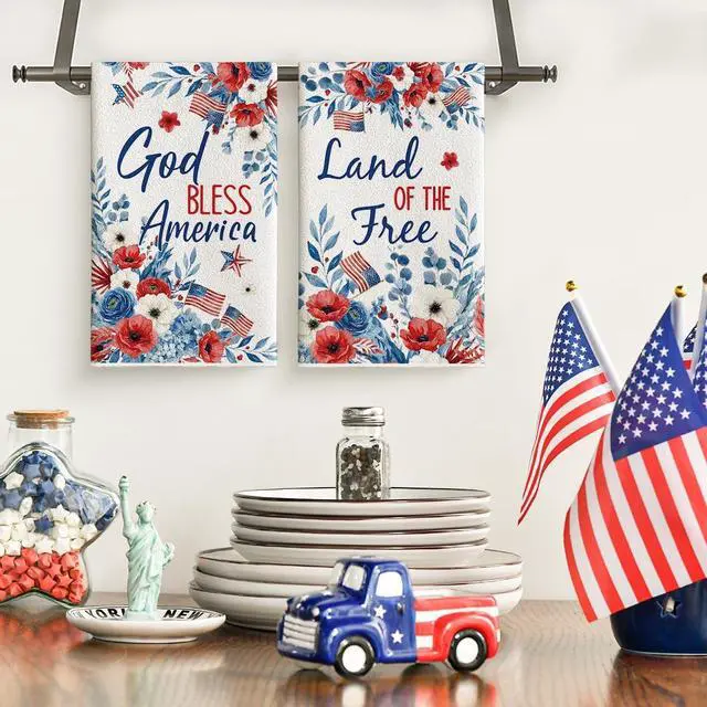 Alt view image 2 of 7 - Artoid Mode Hydrangea Floral Star Flag 4th of July Kitchen Towels Dish Towels, 18x26 Inch Independence Day Decoration Cleaning Set of 2