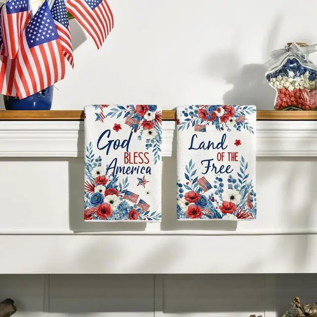 Alt view image 3 of 7 - Artoid Mode Hydrangea Floral Star Flag 4th of July Kitchen Towels Dish Towels, 18x26 Inch Independence Day Decoration Cleaning Set of 2