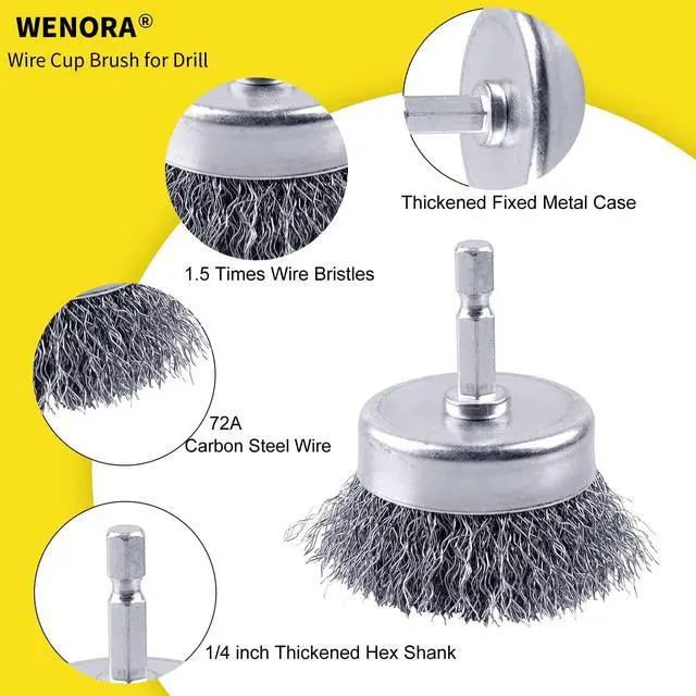 Alt view image 5 of 7 - 2 Pack WENORA Wire Brush Set for Drill, 1/4 Inch Hex Shank, 0.010 Inch Coarse Carbon Steel Drill Brush, Rust Removal - 2 Inch