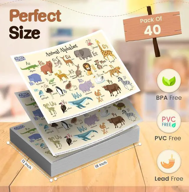 Alt view image 3 of 6 - 40 Pack Waterproof Disposable Placemats for Baby, Place mats for Kids, Toddler - Kids Placemats for Dining Table Tyke, Restaurants, and Travel (Animal Alphabet Theme)