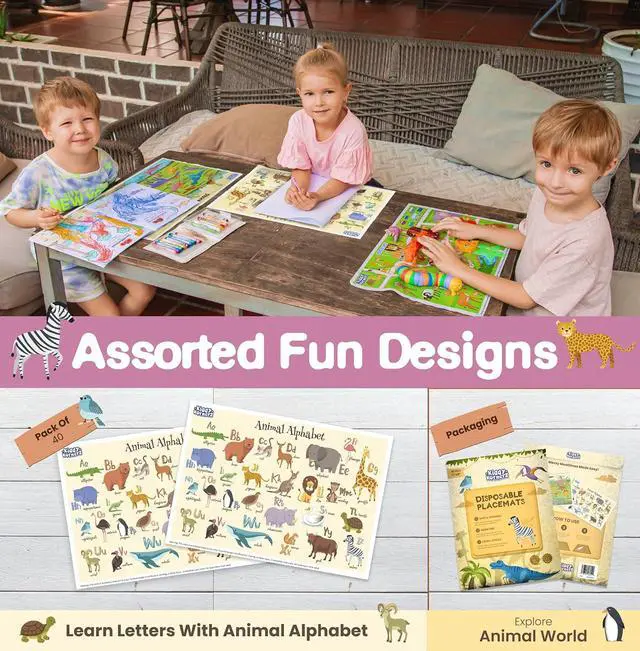 Alt view image 5 of 6 - 40 Pack Waterproof Disposable Placemats for Baby, Place mats for Kids, Toddler - Kids Placemats for Dining Table Tyke, Restaurants, and Travel (Animal Alphabet Theme)
