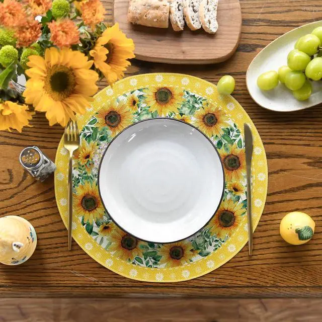Alt view image 2 of 6 - Leaves Sunflower Round Summer Placemats Set of 4, 14 Inch Seasonal Holiday Round Table Mats for Party Kitchen Dining Decoration