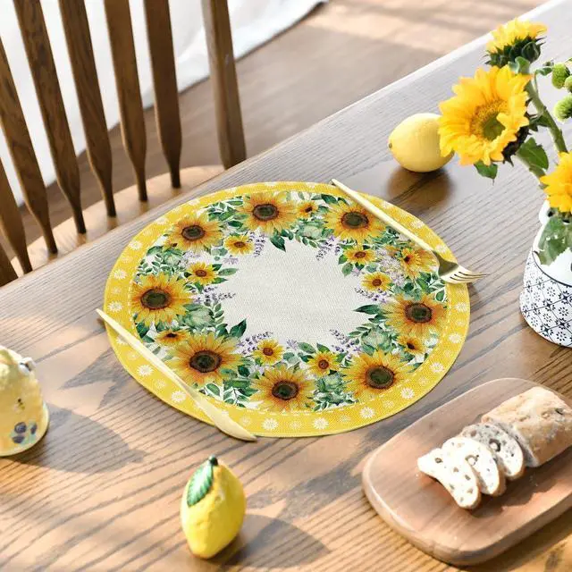Alt view image 3 of 6 - Leaves Sunflower Round Summer Placemats Set of 4, 14 Inch Seasonal Holiday Round Table Mats for Party Kitchen Dining Decoration