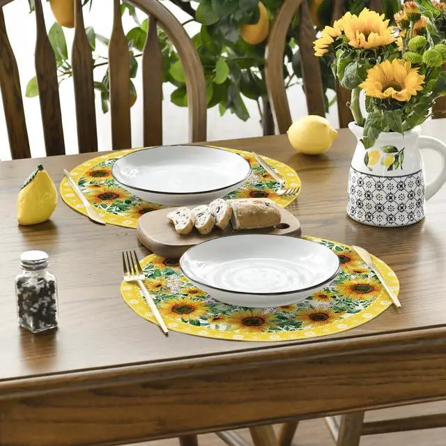 Alt view image 4 of 6 - Leaves Sunflower Round Summer Placemats Set of 4, 14 Inch Seasonal Holiday Round Table Mats for Party Kitchen Dining Decoration