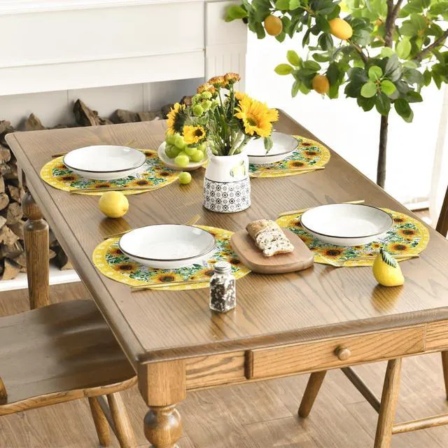 Alt view image 5 of 6 - Leaves Sunflower Round Summer Placemats Set of 4, 14 Inch Seasonal Holiday Round Table Mats for Party Kitchen Dining Decoration