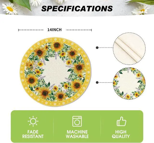 Alt view image 6 of 6 - Leaves Sunflower Round Summer Placemats Set of 4, 14 Inch Seasonal Holiday Round Table Mats for Party Kitchen Dining Decoration