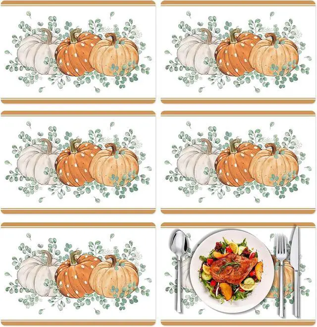 Main image of Fall Vinyl Table Placemats Set of 6, 11 x 15.7 Inches Washable Plastic Placemats for Kitchen Dining Party - Orange Pumpkin