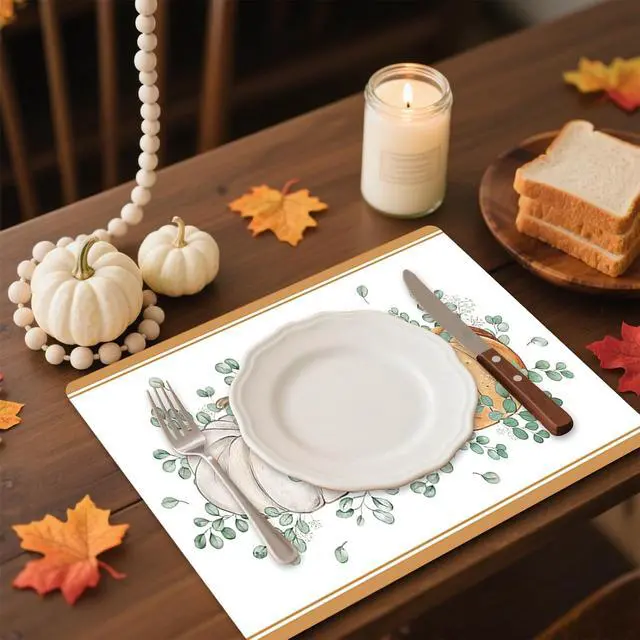 Alt view image 2 of 7 - Fall Vinyl Table Placemats Set of 6, 11 x 15.7 Inches Washable Plastic Placemats for Kitchen Dining Party - Orange Pumpkin