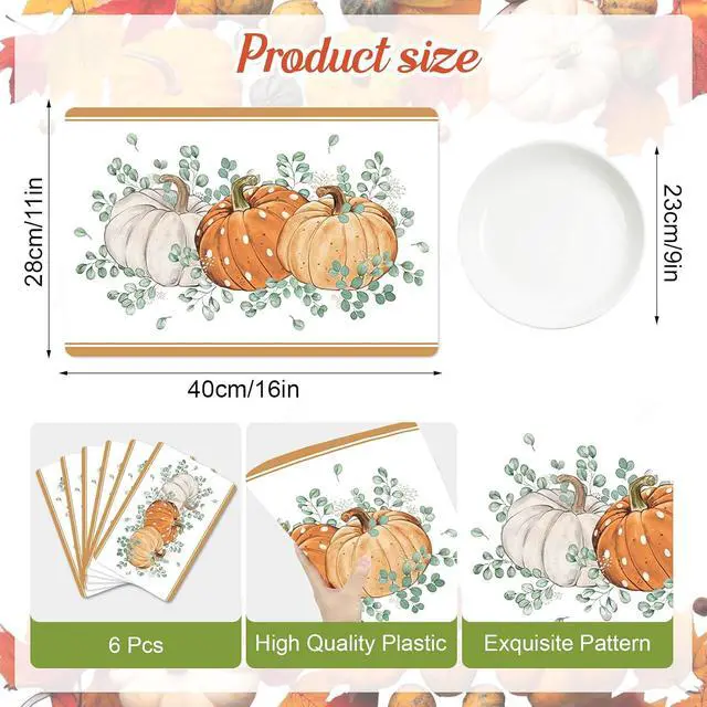 Alt view image 4 of 7 - Fall Vinyl Table Placemats Set of 6, 11 x 15.7 Inches Washable Plastic Placemats for Kitchen Dining Party - Orange Pumpkin