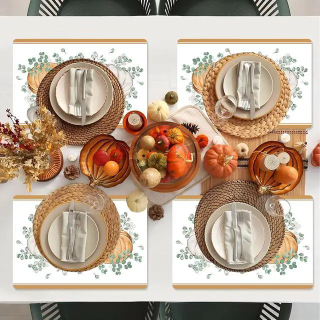 Alt view image 5 of 7 - Fall Vinyl Table Placemats Set of 6, 11 x 15.7 Inches Washable Plastic Placemats for Kitchen Dining Party - Orange Pumpkin
