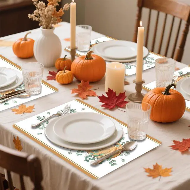Alt view image 6 of 7 - Fall Vinyl Table Placemats Set of 6, 11 x 15.7 Inches Washable Plastic Placemats for Kitchen Dining Party - Orange Pumpkin