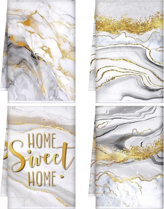 Main image of 4 Pcs White and Gold Decorative Towel Set Marble Kitchen Accessories Bathroom Hand Towels Absorbent Tea Washcloths for Summer Kitchen Bathroom Decor Accessories Gifts