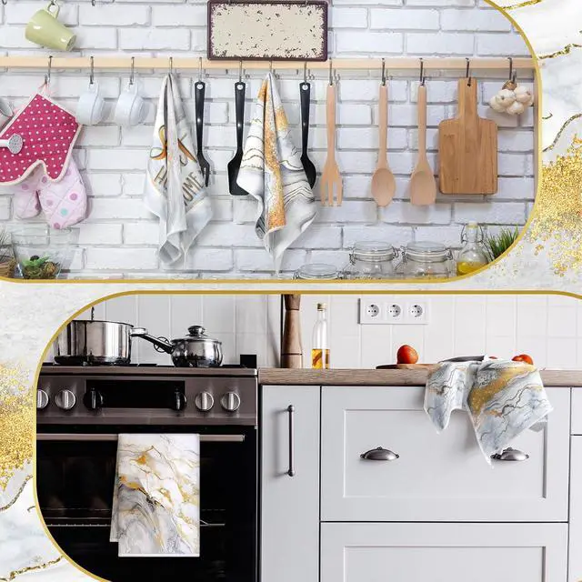 Alt view image 4 of 7 - 4 Pcs White and Gold Decorative Towel Set Marble Kitchen Accessories Bathroom Hand Towels Absorbent Tea Washcloths for Summer Kitchen Bathroom Decor Accessories Gifts