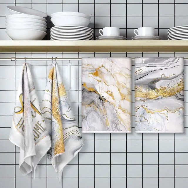 Alt view image 6 of 7 - 4 Pcs White and Gold Decorative Towel Set Marble Kitchen Accessories Bathroom Hand Towels Absorbent Tea Washcloths for Summer Kitchen Bathroom Decor Accessories Gifts