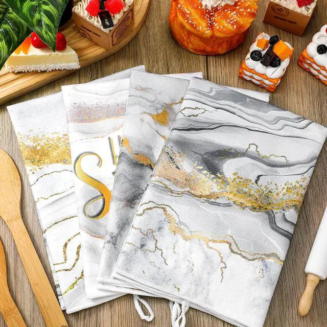Alt view image 7 of 7 - 4 Pcs White and Gold Decorative Towel Set Marble Kitchen Accessories Bathroom Hand Towels Absorbent Tea Washcloths for Summer Kitchen Bathroom Decor Accessories Gifts