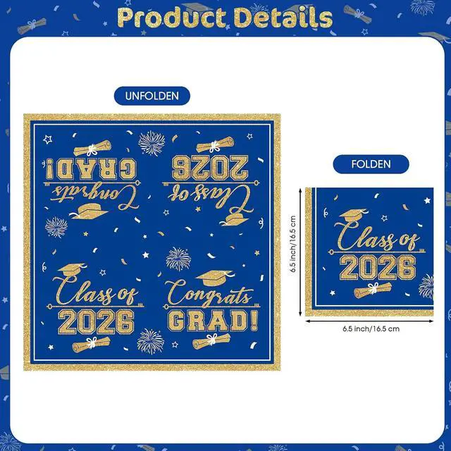 Alt view image 4 of 7 - 50 Pcs Graduation Napkins Class of 2026 - Blue Gold Congrats Grad Napkins Set, 3-Ply Disposable Graduation Luncheon Dinner Party Paper Napkins for Graduations Party Supplies Table Decoration