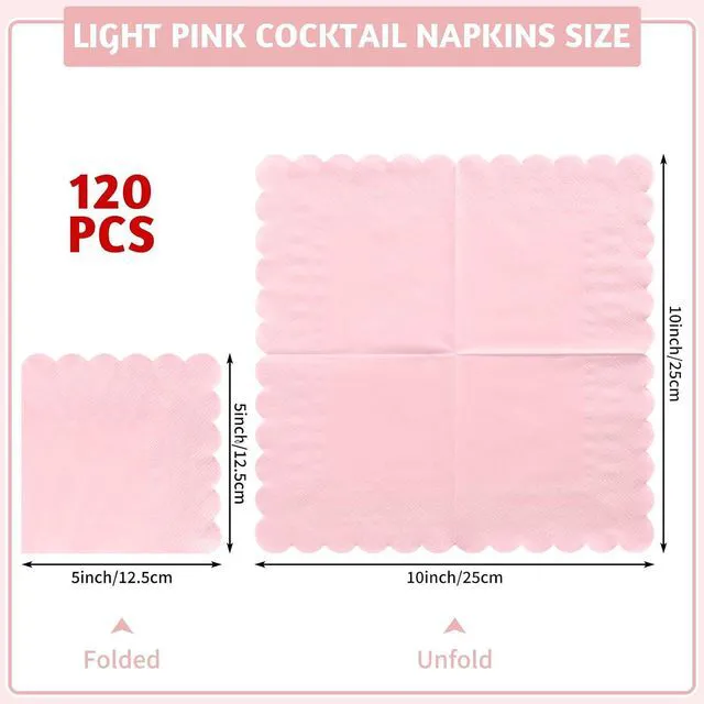 Alt view image 2 of 7 - 120 Pcs Cocktail Napkins Pink Paper Napkins Light Pink Dessert Beverage Napkin Cute Scalloped Party Napkin for Baby Bridal Shower, Birthday, 5 x 5 Inch