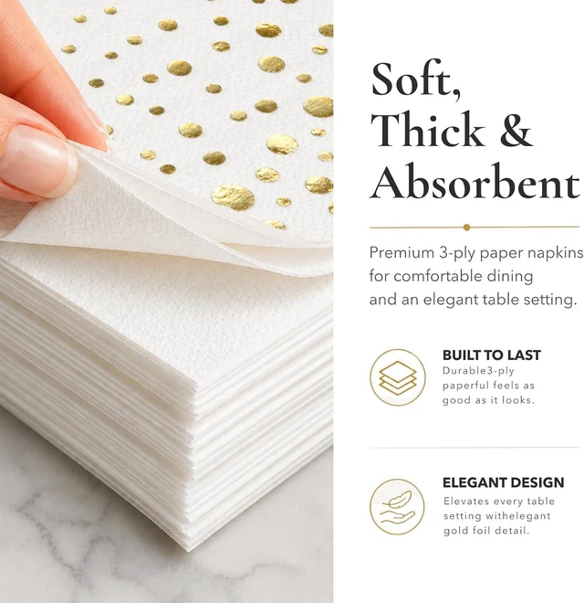 Alt view image 4 of 7 - Gold Cocktail Napkins, 100 White and Gold Party Napkins, 5x5 Inch