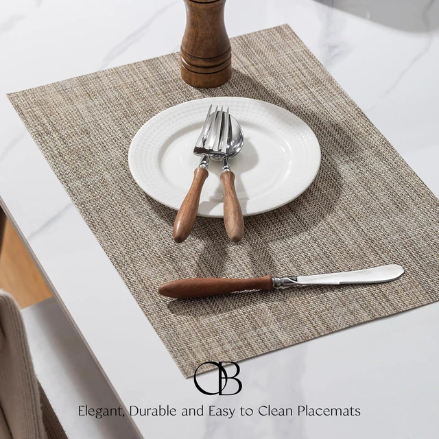 Alt view image 3 of 6 - Placemats Set of 4 - Easy Clean Woven Vinyl Placemats for Dining Table, Indoor/Outdoor Place Mats, Washable PVC Table MatsCaramel