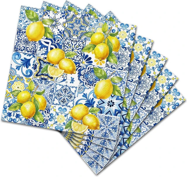 Main image of 50 Pcs Tile Lemon Cocktail Napkin Disposable Paper Napkin Capri Blue Yellow Drink Beverage Napkins for Summer Home Party Table Supplies Decor