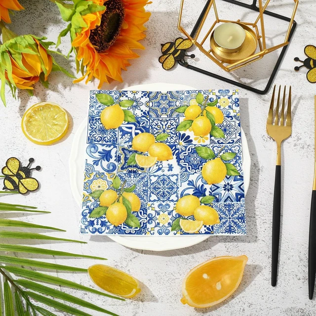 Alt view image 4 of 7 - 50 Pcs Tile Lemon Cocktail Napkin Disposable Paper Napkin Capri Blue Yellow Drink Beverage Napkins for Summer Home Party Table Supplies Decor