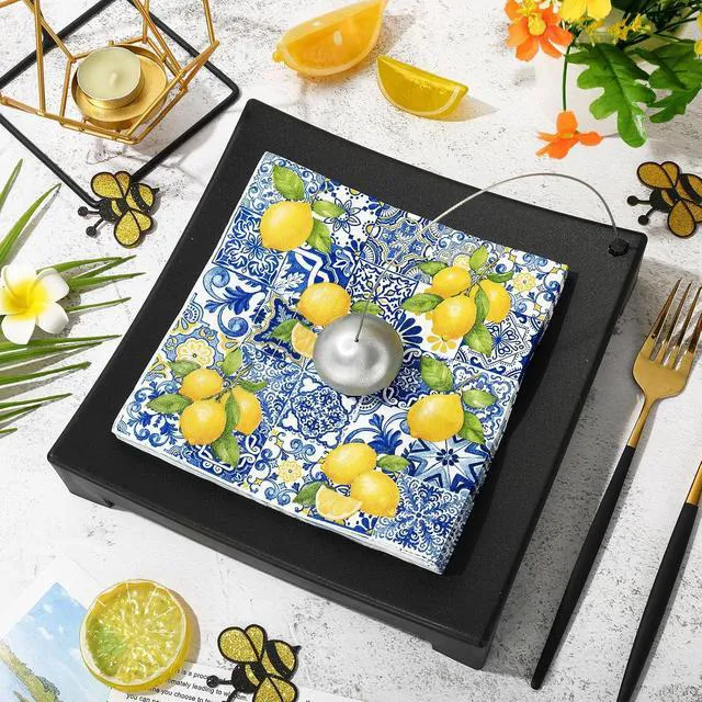 Alt view image 3 of 7 - 50 Pcs Tile Lemon Cocktail Napkin Disposable Paper Napkin Capri Blue Yellow Drink Beverage Napkins for Summer Home Party Table Supplies Decor