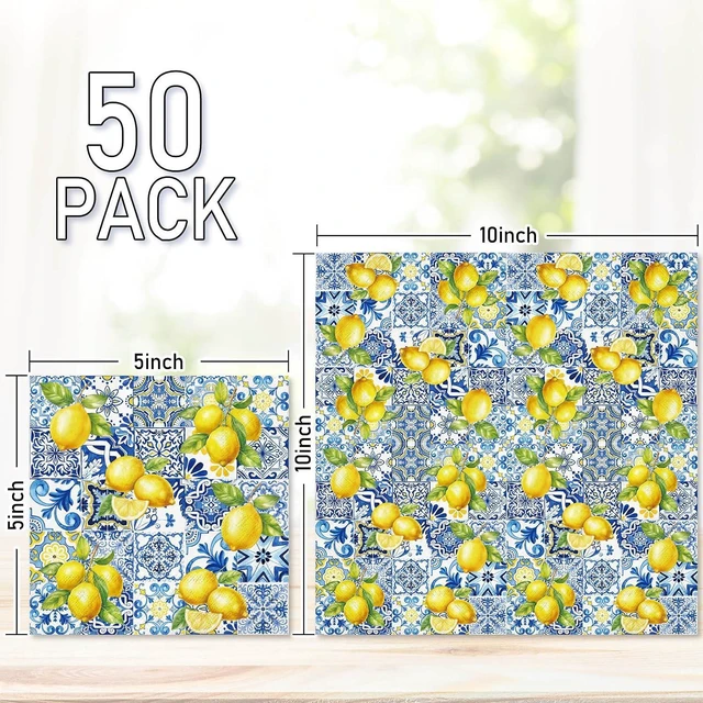 Alt view image 2 of 7 - 50 Pcs Tile Lemon Cocktail Napkin Disposable Paper Napkin Capri Blue Yellow Drink Beverage Napkins for Summer Home Party Table Supplies Decor