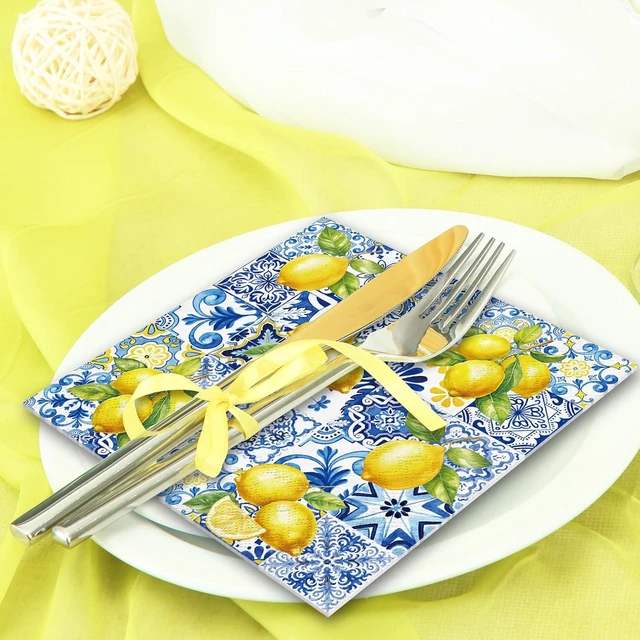 Alt view image 5 of 7 - 50 Pcs Tile Lemon Cocktail Napkin Disposable Paper Napkin Capri Blue Yellow Drink Beverage Napkins for Summer Home Party Table Supplies Decor