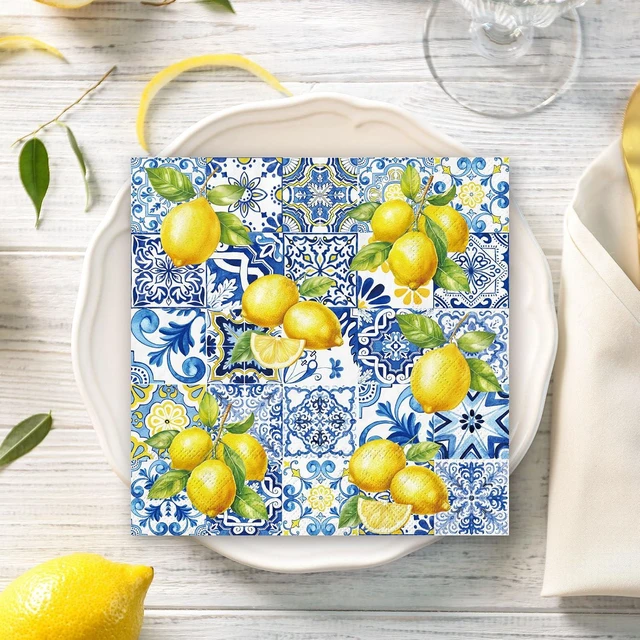 Alt view image 6 of 7 - 50 Pcs Tile Lemon Cocktail Napkin Disposable Paper Napkin Capri Blue Yellow Drink Beverage Napkins for Summer Home Party Table Supplies Decor