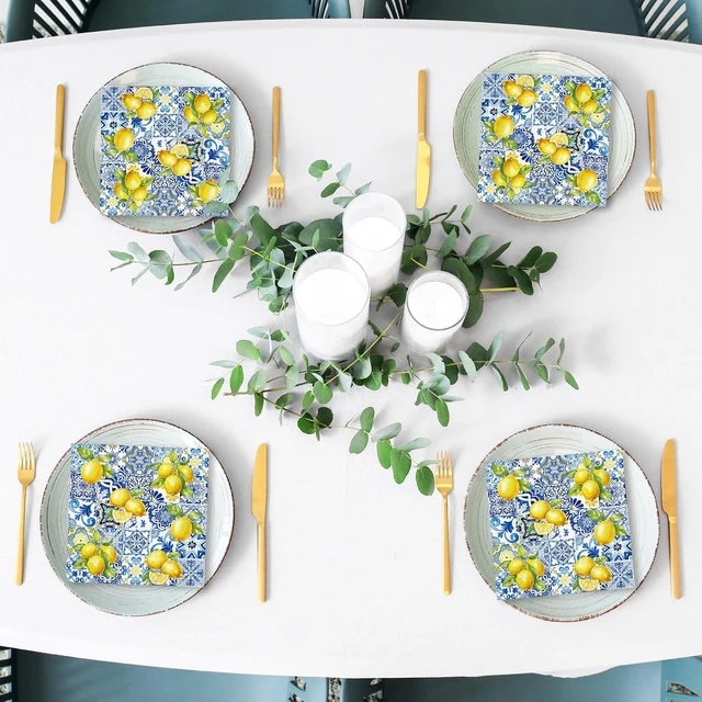 Alt view image 7 of 7 - 50 Pcs Tile Lemon Cocktail Napkin Disposable Paper Napkin Capri Blue Yellow Drink Beverage Napkins for Summer Home Party Table Supplies Decor