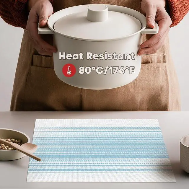 Alt view image 3 of 7 - White Blue Vinyl Placemats Set of 4, Washable Heat Resistant Non-Slip Woven Plastic PVC Spring Place Mats for Farmhouse Holiday Party Kitchen Dining Decor
