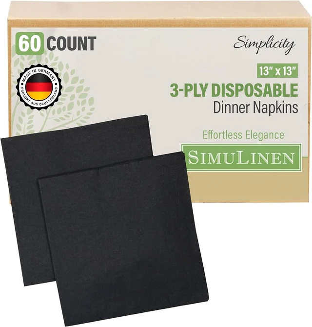 Main image of SimuLinen Black Disposable Paper Napkins, 3-Ply, 13in x 13in - 30 Pack - Simplicity Collection, Perfect for Birthday or Dessert Parties