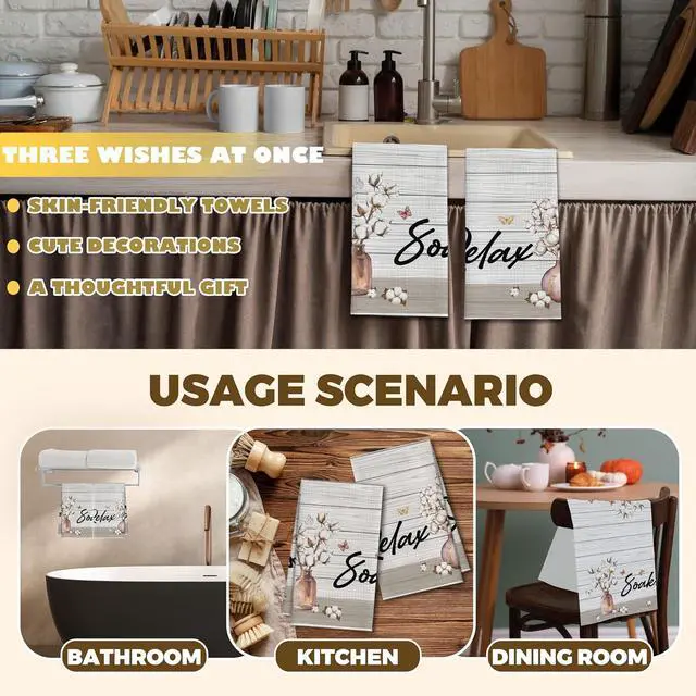 Alt view image 4 of 6 - Kitchen Towels Set Of 2, Flower Vase Butterfly Dish Towel For Kitchen, Farm Vintage Bathroom Decorative Hand Towels, Farmhouse Fast Drying Tea Towel, Housewarming Xmas Gifts For Women Mom -B39