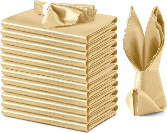 Main image of 12 Pack Light Gold Satin Napkins - 17x17 Inch Scalloped Elegant Dinner Napkins for Wedding, Restaurant, Banquet, Graduation Party
