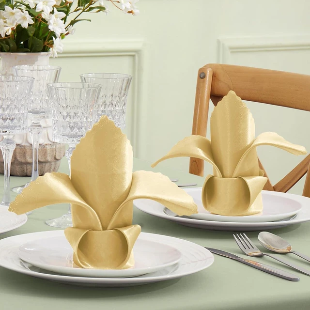 Alt view image 2 of 7 - 12 Pack Light Gold Satin Napkins - 17x17 Inch Scalloped Elegant Dinner Napkins for Wedding, Restaurant, Banquet, Graduation Party