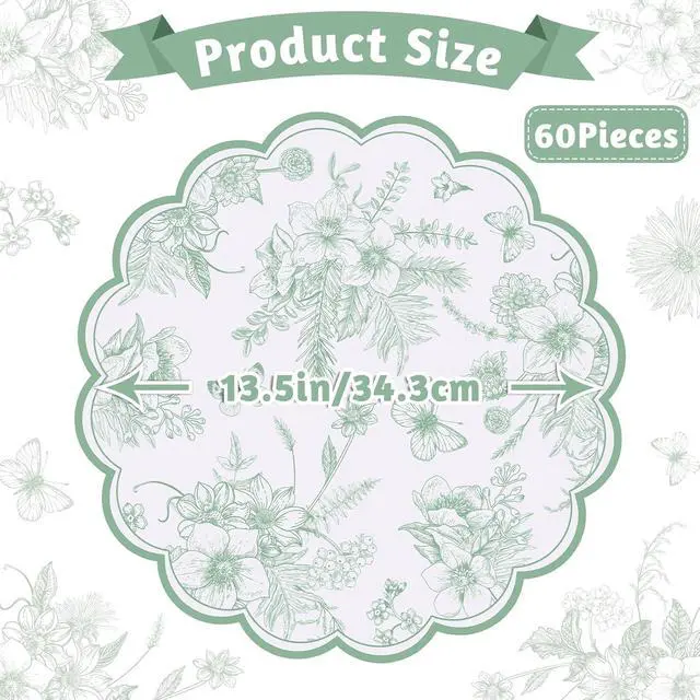 Alt view image 2 of 7 - 60 Pcs Sage Green Floral Paper Placemat, Disposable Scalloped Table Mat