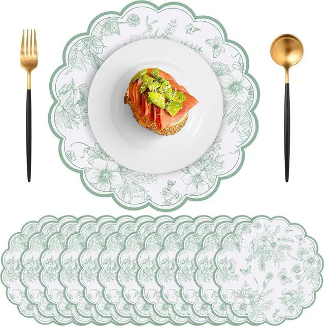 Main image of 60 Pcs Sage Green Floral Paper Placemat, Disposable Scalloped Table Mat