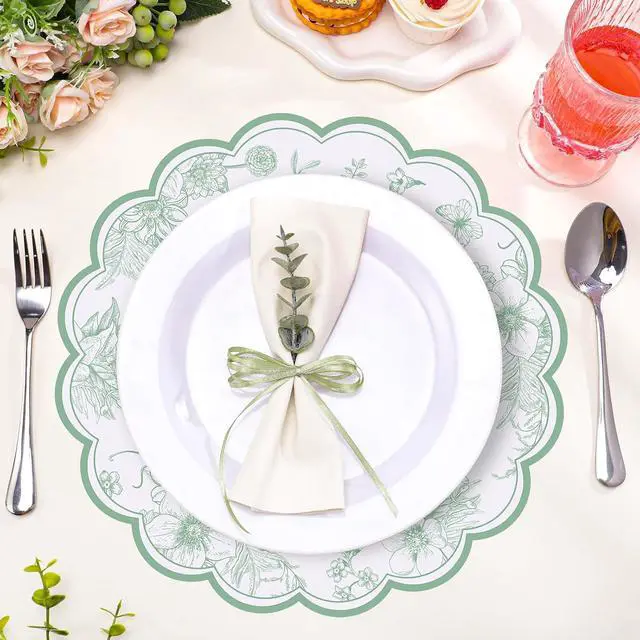 Alt view image 3 of 7 - 60 Pcs Sage Green Floral Paper Placemat, Disposable Scalloped Table Mat
